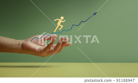 Customer Journey, Business Success Concept. Hand Gesture Supporting Client, Shareholder, Partnership or Employee Jumping Forward on Arrow Up from Low to High Customer Journey, Business Success Concept. Hand Gesture Supporting Client, Shareholder, Partnership or Employee Jumping Forward on Arrow Up from Low to High 91188947