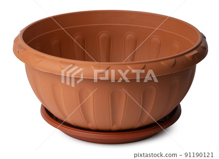 Brown plastic flower pot isolated on white 91190121