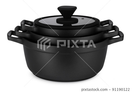 New set of black saucepans isolated on white New set of black saucepans isolated on white 91190122