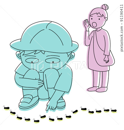A boy crazy about the procession of ants and a mother urging him to go home early A boy crazy about the procession of ants and a mother urging him to go home early 91190411