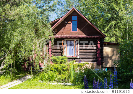 wooden log country house in ornamental garden 91191655