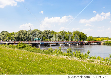 pedestrian movable pontoon bridge on Moskva River pedestrian movable pontoon bridge on Moskva River 91191752
