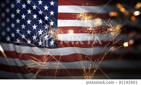 American flag waving with fireworks celebrating 4th of July American flag waving with fireworks celebrating 4th of July 91192601