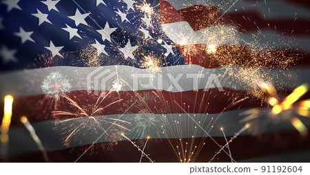 American flag waving with fireworks celebrating 4th of July American flag waving with fireworks celebrating 4th of July 91192604