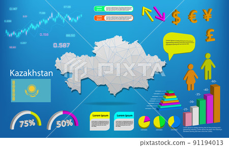 Kazakhstan map info graphics - charts, symbols, elements and icons collection. Detailed Kazakhstan map with High quality business infographic elements. Kazakhstan map info graphics - charts, symbols, elements and icons collection. Detailed Kazakhstan map with High quality business infographic elements. 91194013