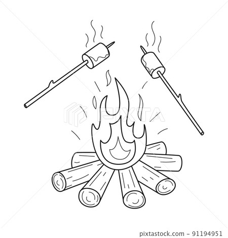 Doodle A wood-burning bonfire and fried marshmallows on sticks. Picnic, hiking, camping, tourism. Outline black and white vector illustration isolated on a white background. Doodle A wood-burning bonfire and fried marshmallows on sticks. Picnic, hiking, camping, tourism. Outline black and white vector illustration isolated on a white background. 91194951