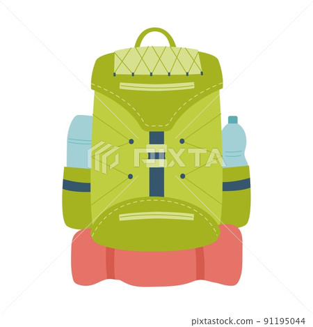 Tourist backpack with thermos, bottle and travel mat. Equipment for fishing, tourism, travel, camping, hiking. Flat vector illustration isolated on a white background. Tourist backpack with thermos, bottle and travel mat. Equipment for fishing, tourism, travel, camping, hiking. Flat vector illustration isolated on a white background. 91195044