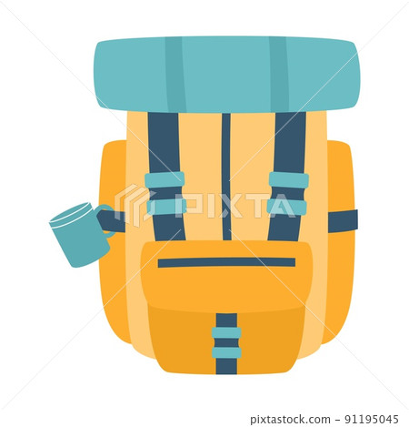 Tourist backpack with a mug and a tourist mat. Equipment for fishing, tourism, travel, camping, hiking. Flat vector illustration isolated on a white background. 91195045