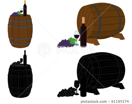 Colour and black and white compositions, red wine in bottle and glass, wine barrel and bunch of grapes vector illustration Colour and black and white compositions, red wine in bottle and glass, wine barrel and bunch of grapes vector illustration 91195574