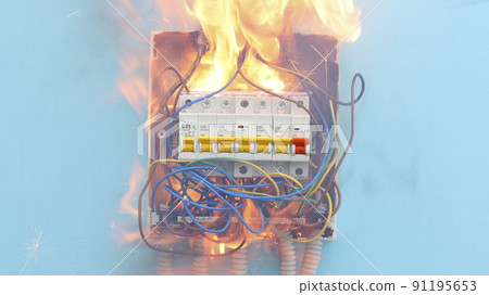 Short circuit in faulty electric wiring led to an electrical fire. Short circuit in faulty electric wiring led to an electrical fire. 91195653
