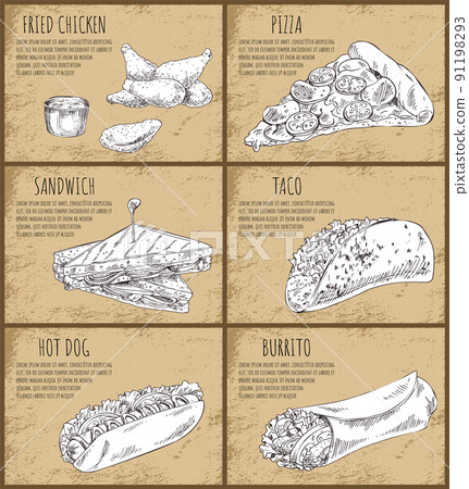 Fried Chicken Pizza Poster Set Vector Illustration Fried Chicken Pizza Poster Set Vector Illustration 91198293