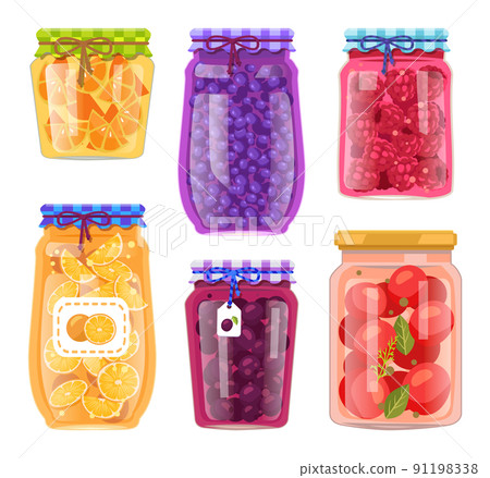 Preserved Food in Jars with Vegetables and Fruits 91198338