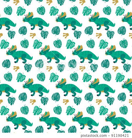Triceratops Monstera Leaf Seamless Pattern 91198421