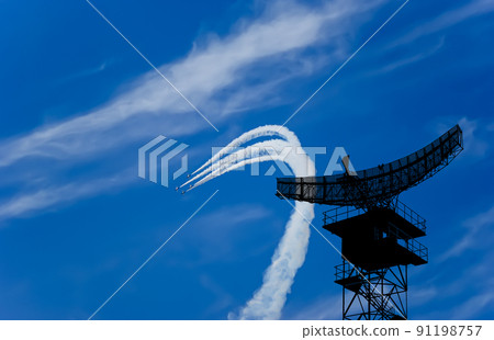 Air defense raiders of military mobile anti-aircraft complexes (radar is designed  and automatic tracking of targets and missiles) against the background of the flight of modern combat fighters,Russia 91198757