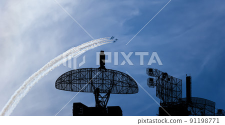 Air defense raiders of military mobile anti-aircraft complexes (radar is designed  and automatic tracking of targets and missiles) against the background of the flight of modern combat fighters,Russia 91198771