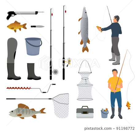 Fisherman with Fish, Fish-rod and Tackle Icon 91198772