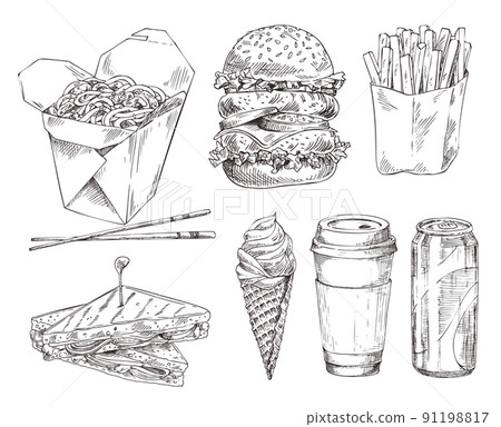 Fast food set hand drawn vector monochrome sketch 91198817
