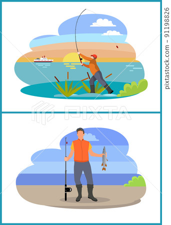 Fisherman with Fishing Rod and Fish Vector Icon 91198826
