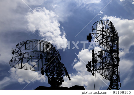 Air defense radars of military mobile anti aircraft systems, modern army industry on background beautiful clouds and sky, Russia Air defense radars of military mobile anti aircraft systems, modern army industry on background beautiful clouds and sky, Russia 91199190