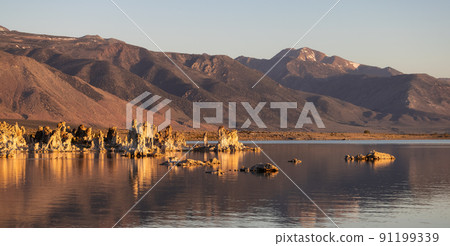 Tufa towers rock formation in Mono Lake. Sunny Sunrise. Tufa towers rock formation in Mono Lake. Sunny Sunrise. 91199339
