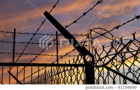 Contour of barbed wire on the background of the sunset orange sky Contour of barbed wire on the background of the sunset orange sky 91199890