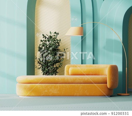 Modern colorful interior of lounge zone with orange sofa with floor lamp, yellow wall and blue arches, 3d rendering 91200331