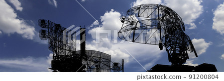 Air defense radars of military mobile anti aircraft systems, modern army industry on background beautiful clouds and sky, Russia Air defense radars of military mobile anti aircraft systems, modern army industry on background beautiful clouds and sky, Russia 91200804