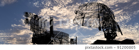 Air defense radars of military mobile anti aircraft systems, modern army industry on background beautiful clouds and sky, Russia Air defense radars of military mobile anti aircraft systems, modern army industry on background beautiful clouds and sky, Russia 91200805