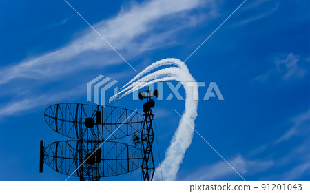 Air defense raiders of military mobile anti-aircraft complexes (radar is designed  and automatic tracking of targets and missiles) against the background of the flight of modern combat fighters,Russia 91201043