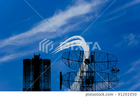 Air defense raiders of military mobile anti-aircraft complexes (radar is designed  and automatic tracking of targets and missiles) against the background of the flight of modern combat fighters,Russia 91201050