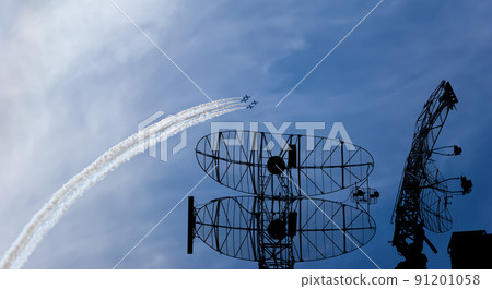 Air defense raiders of military mobile anti-aircraft complexes (radar is designed  and automatic tracking of targets and missiles) against the background of the flight of modern combat fighters,Russia 91201058
