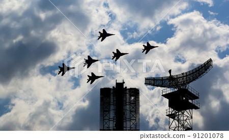 Air defense raiders of military mobile anti-aircraft complexes (radar is designed and automatic tracking of targets and missiles) against the background of the flight of modern combat fighters,Russia Air defense raiders of military mobile anti-aircraft complexes (radar is designed and automatic tracking of targets and missiles) against the background of the flight of modern combat fighters,Russia 91201078