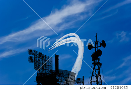 Air defense raiders of military mobile anti-aircraft complexes (radar is designed  and automatic tracking of targets and missiles) against the background of the flight of modern combat fighters,Russia 91201085