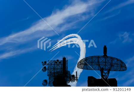 Air defense raiders of military mobile anti-aircraft complexes (radar is designed  and automatic tracking of targets and missiles) against the background of the flight of modern combat fighters,Russia 91201149