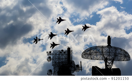 Air defense raiders of military mobile anti-aircraft complexes (radar is designed  and automatic tracking of targets and missiles) against the background of the flight of modern combat fighters,Russia 91201150