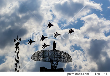 Air defense raiders of military mobile anti-aircraft complexes (radar is designed  and automatic tracking of targets and missiles) against the background of the flight of modern combat fighters,Russia 91201151