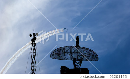 Air defense raiders of military mobile anti-aircraft complexes (radar is designed  and automatic tracking of targets and missiles) against the background of the flight of modern combat fighters,Russia 91201153