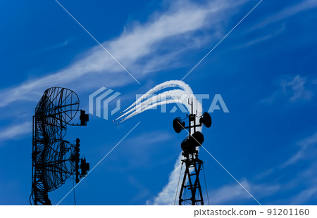 Air defense raiders of military mobile anti-aircraft complexes (radar is designed  and automatic tracking of targets and missiles) against the background of the flight of modern combat fighters,Russia 91201160