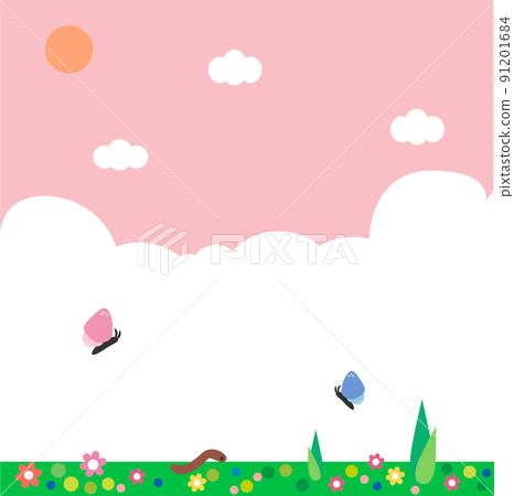Cartoon cute spring landscape with butterfly and blossom land. Sunlight, pink sky background, countryside, cloudy weather. Backdrop wonderland banner in springtime season. Vector, illustration, EPS10 Cartoon cute spring landscape with butterfly and blossom land. Sunlight, pink sky background, countryside, cloudy weather. Backdrop wonderland banner in springtime season. Vector, illustration, EPS10 91201684