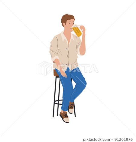 People drink beer. Alcohol beverage. Man sitting on stool in pub. Cartoon characters with ale pint. Lager bottle. Friday leisure in bar. Oktoberfest holiday. Vector drinker on chair People drink beer. Alcohol beverage. Man sitting on stool in pub. Cartoon characters with ale pint. Lager bottle. Friday leisure in bar. Oktoberfest holiday. Vector drinker on chair 91201976