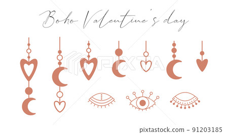 A set of boho elements with hearts, a crescent moon, open and closed eyes. Boho symbols, pendants with a heart. Decorative elements for Valentine's Day. Color vector illustrations isolated on white. A set of boho elements with hearts, a crescent moon, open and closed eyes. Boho symbols, pendants with a heart. Decorative elements for Valentine's Day. Color vector illustrations isolated on white. 91203185