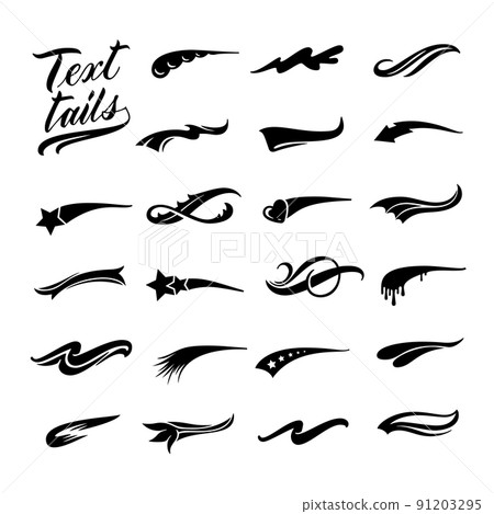 Text tails. Calligraphic swoosh, retro decorative swish line and underline curl for baseball sport emblem design vector set 91203295