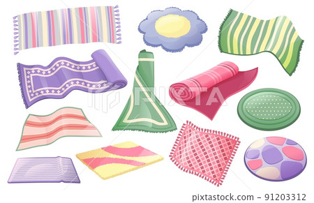 Cartoon carpets. Home decor rugs, carpet roll and interior fashion mat vector set 91203312