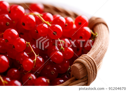 Ripe red currants in a wicker basket on grey stone background Ripe red currants in a wicker basket on grey stone background 91204670