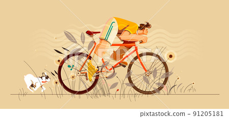 Man bicycles through tall grass and dog running after with his tongue hanging out. Modern flat cartoon vector illustration for poster, banner, card, postcard, event icon logo or badge. Man bicycles through tall grass and dog running after with his tongue hanging out. Modern flat cartoon vector illustration for poster, banner, card, postcard, event icon logo or badge. 91205181