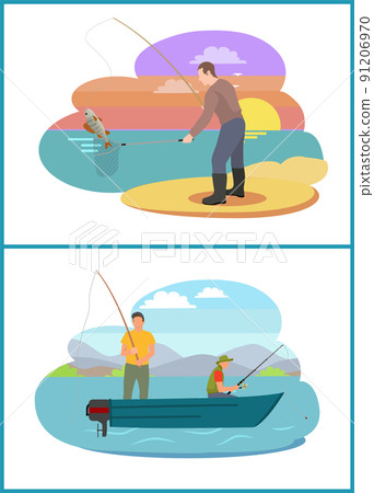 Fisherman Fishing from Motorboat and from Bank 91206970
