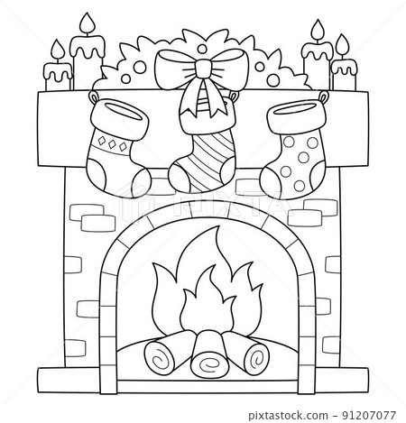 Christmas Fireplace with Stocking Isolated  91207077