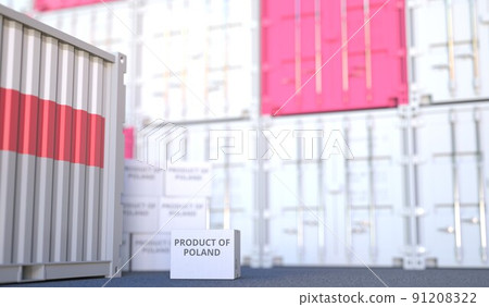Box with PRODUCT OF POLAND text and cargo containers. 3D rendering 91208322