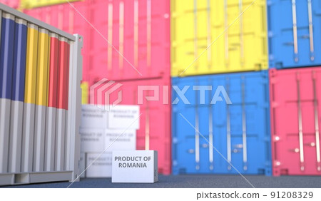 Box with PRODUCT OF ROMANIA text and cargo containers. 3D rendering 91208329