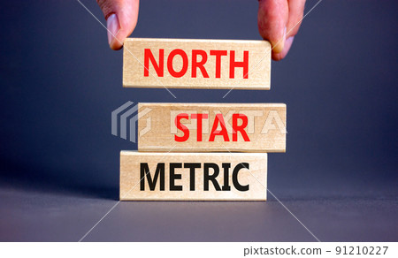 North star metric symbol. Concept words North star metric on wooden blocks on a beautiful grey table grey background. Businessman hand. Business, finacial and north star metric concept. Copy space. 91210227